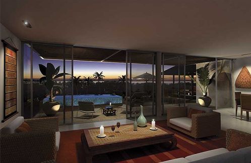 The living room at dusk